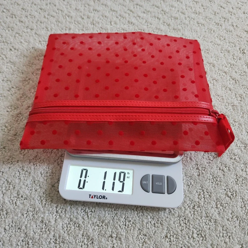 Red Mesh Polka Dot Makeup Bag Velvet Flocked Cosmetic Pouch Ribbon Zipper Pull